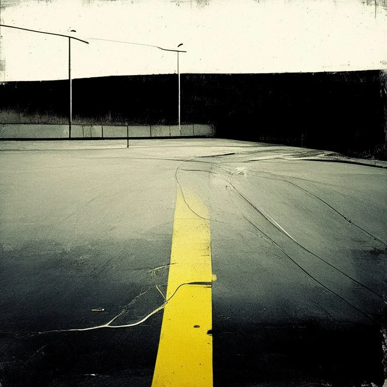 Minimal abstract oil paintings desolate 1960s carpark concrete fragments style of Justin Mortimer and Francis Bacon. Yellow lines.