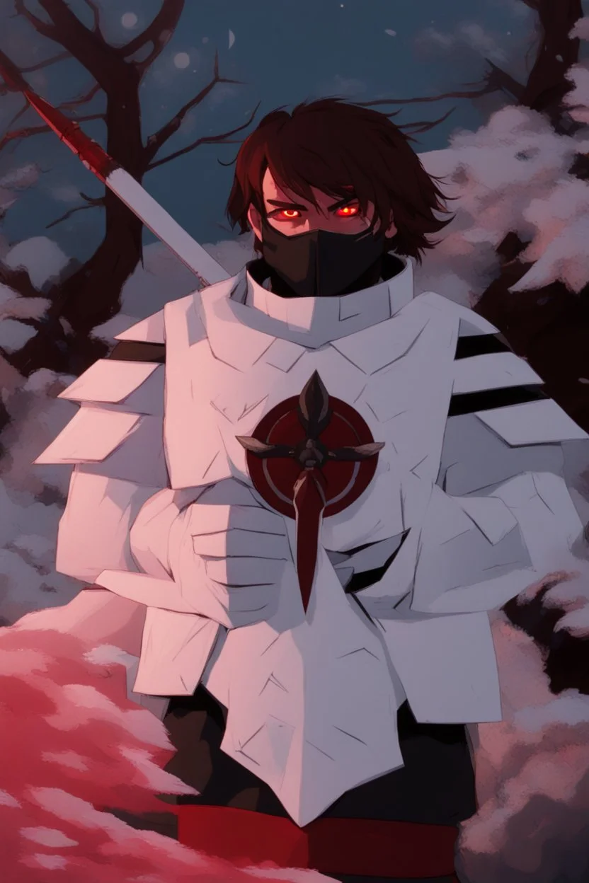 The character, in a striking white armour against a wintry backdrop stands with his hands behind his back inside the scene, he has a red and black circular symbol on his chest like a shield, a black pointed spear with a red handle on his back, His eyes are showing a dynamic expression and he wears a black oni mask with white teeth on it covering the bottom part of his mouth he has brown shoulder pads and a white belt with a bag attached to it. He has dark brown hair, he does not wear a helmet.