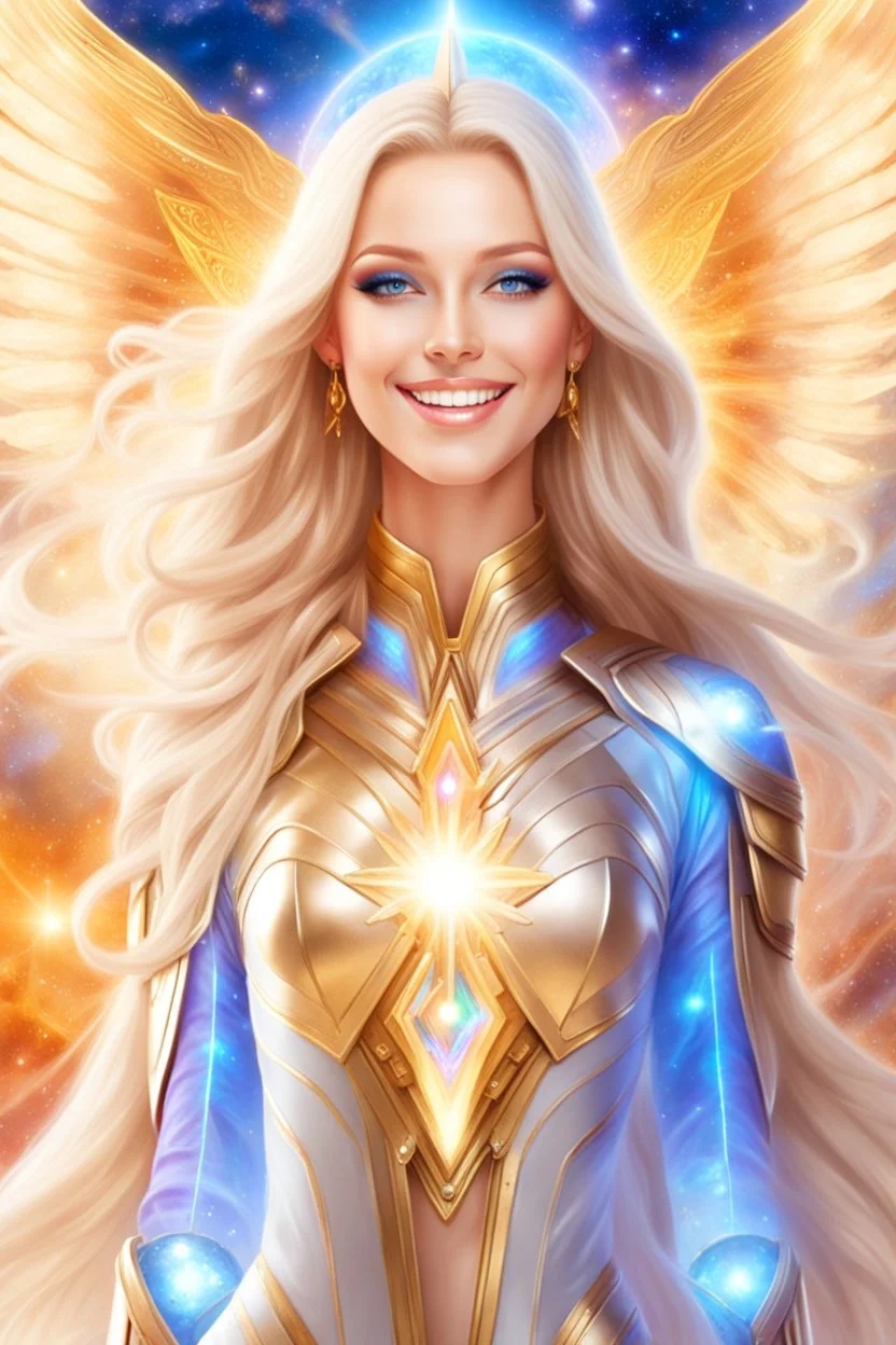 cosmic woman smile, admiral from the future, galactic confédération, fine whole face, crystalline skin, expressive blue eyes,rainbow, smiling lips, very nice smile, costume pleiadian, Beautiful tall woman pleiadian Galactic commander, ship, perfect datailed golden galactic suit, high rank, long blond hair, hand whit five perfect detailed finger, amazing big blue eyes, smilling mouth, high drfinition lips, cosmic happiness, bright colors, blue, pink, gold, jewels, realist, high,rainbows