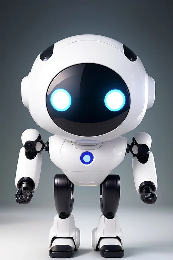 cute minimalistic robot with a big head, small and simple body, oval forms, digital face with pixeled eyes, happy face, head and body as one, white skin, no legs, no feet, integrated painter arm, 3/4 angle, awesome pose, white background