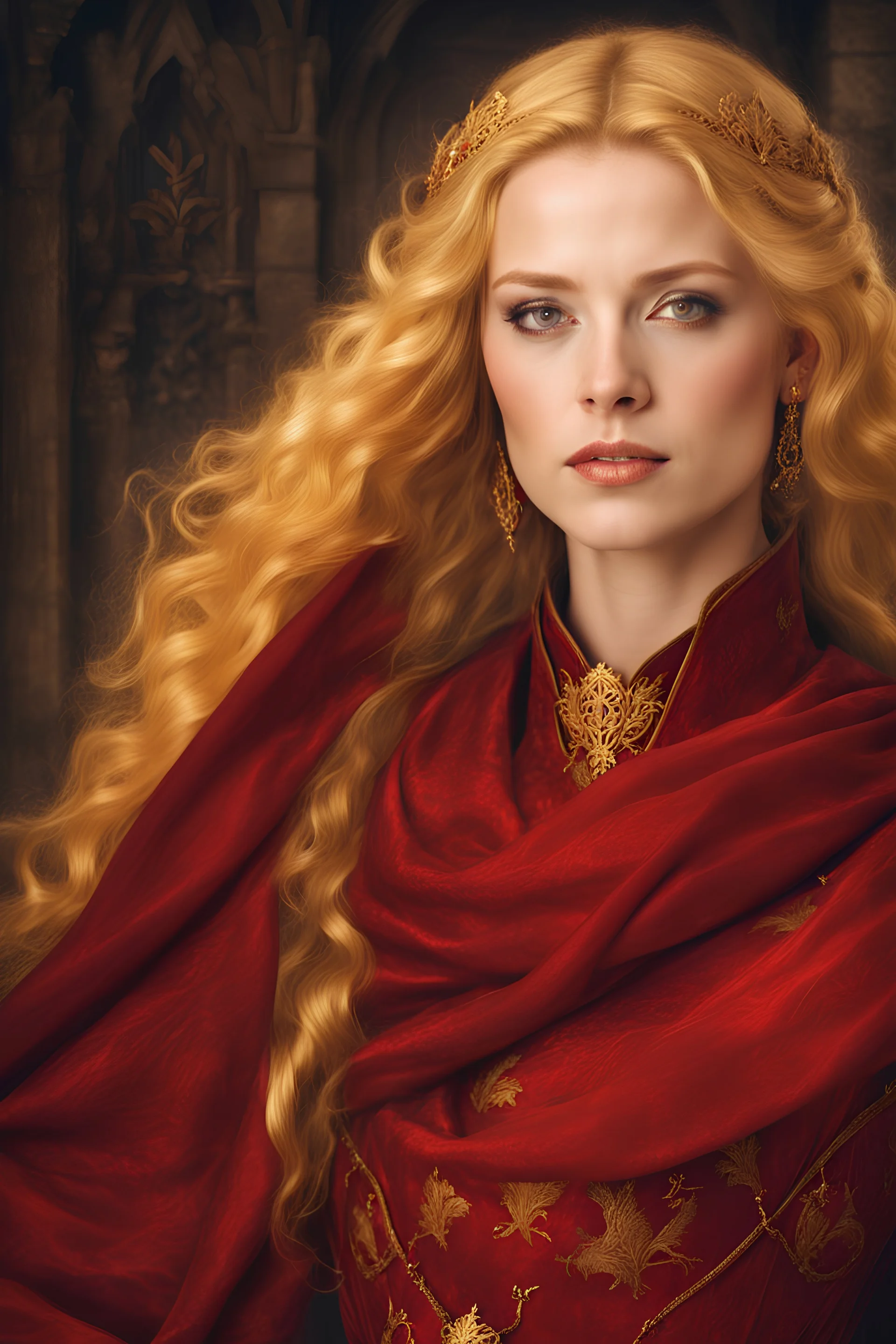 an elegant noblewoman with long golden-blond hair and lavish red medieval gown, adorned with a golden embroidery , medieval clothing made from fancy thin fabric, adorned with belts and embroidery, for a female character from a medieval fantasy story, inspired by reign and game of thrones, realistic studio portrait photography, architecture photography, award-winning photography, high detail