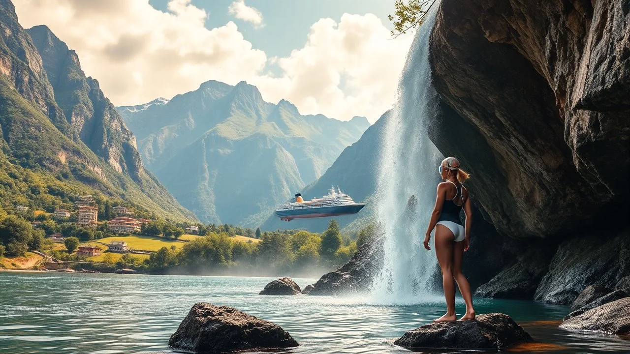 a picturesque natural landscape that includes majestic mountains and a serene countryside. Additionally, incorporate details about a stunning, large waterfall that enhances the beauty of the scene. The output should be structured as a narrative, painting a clear image with rich, descriptive language that evokes the sights and sounds of this beautiful environment water fall falls to a big sea with modern ship in it.a fullbody lady inOne Piece - Athletic Swimsuit,and dive head wear