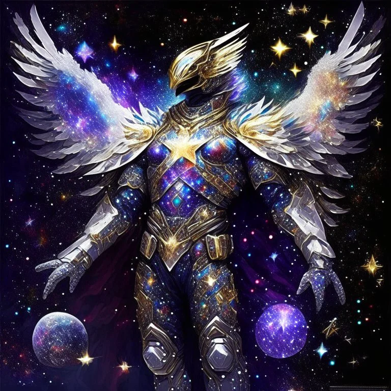 A battle suit made of galaxies and stars with a glove that has seven endless stones,A god-like man with infinite power who owns the galaxies,God-like man with infinite power who owns the galaxies and wears a beautiful crown, a jewel of diamonds and galaxies with weapons riding on a creature with an eagle head and eagle wings and eagle hands