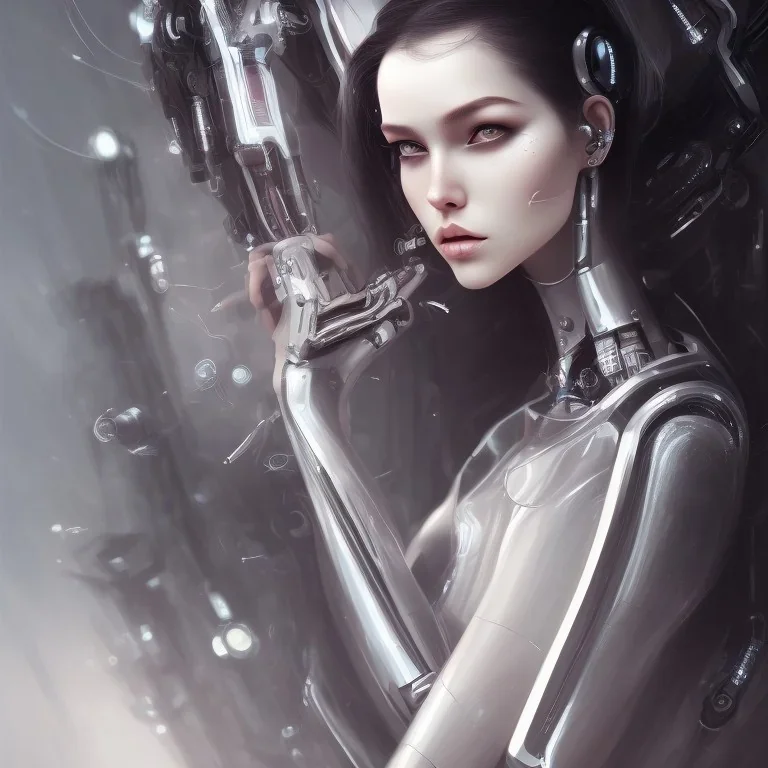 wonderfull portrait only woman half face robot, long black hair, intricate, sci-fi, cyberpunk, future