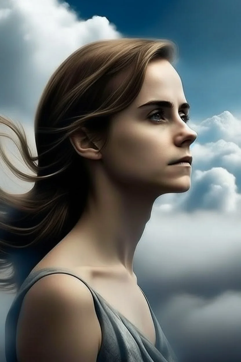 emma watson : The contours of the woman are crafted from dense yet delicate clouds, making her appear goddess-like as she seemingly floats weightlessly in the sky. Boundless Harmony: The amalgamation of clouds forms a feminine figure seamlessly merging with the surroun