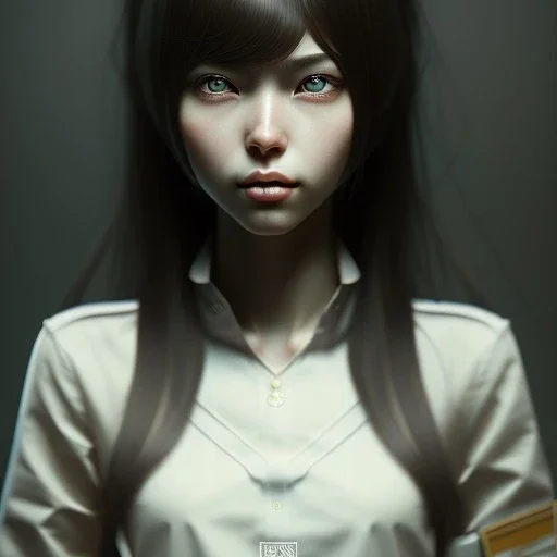 Japanese girl with big brown eyes and long black hair with bangs, cute, beautiful, high quality, insane detail, by Greg Rutkowski, straight bangs