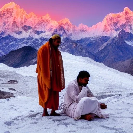 mystical indian guru teaching his disciple in adoration in himalaya at sunrise