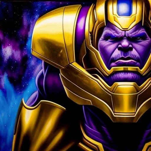 fullbody portrait in oil on canvas of Thanos with Big Golden Hulkbuster armor, intense stare, masterpiece, realistic, intricate detail, sci-fi fantasy style, volumetric lighting, particles, highly detailed ,cinematic , deep colours, 8k, by Simon Bisley