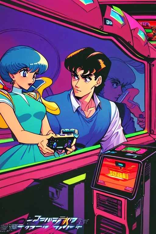 a millineal teenage boy is playing video arcade games, bright colored clothes from the 90s, hairstyles of that time