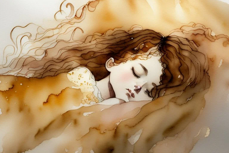 Small girl with long curly brown hair sleeping in god's hand watercolor and ink, golden patina, glitters in ochre, backlit, mist and fog