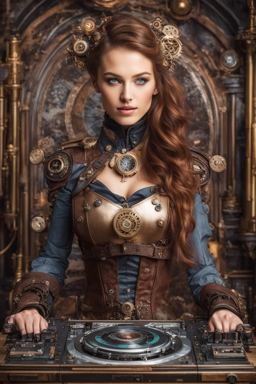 Front view half body gorgeous Realistic Photography beautiful super model Russian as playing Dj player with body full steampunk Victorian cyborg realistic beautiful woman hyper detailed