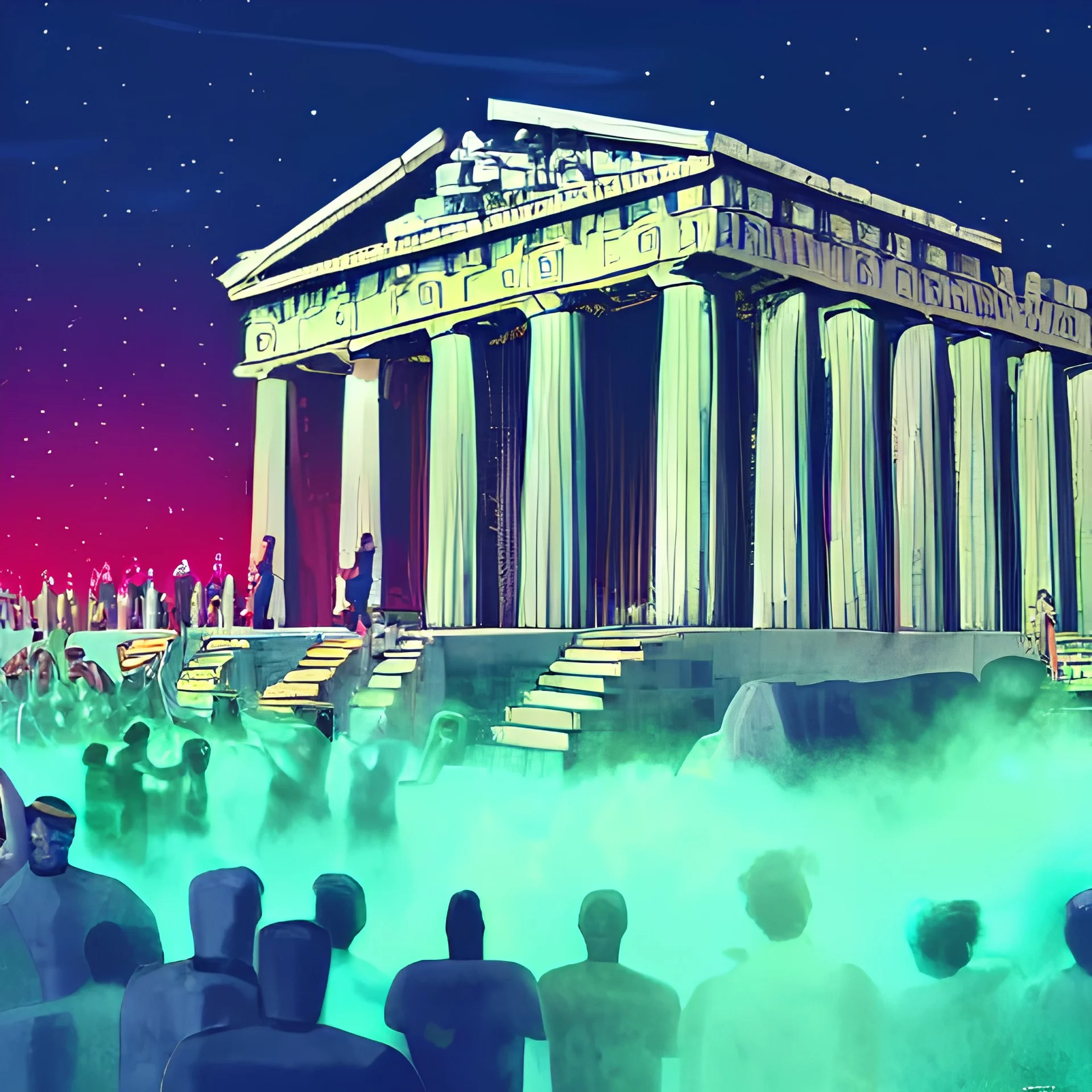 greek temple crowded,very detailed and intrincate, trending in artstation, retro synthwave, neon lighting