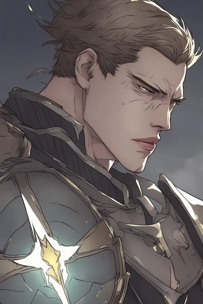 Armored Male Knight by manhwa or korean webtoon style there are lightning and blood spurts around the man his face pointed at the camera and with a serious look he lets his opponent know that it's his turn