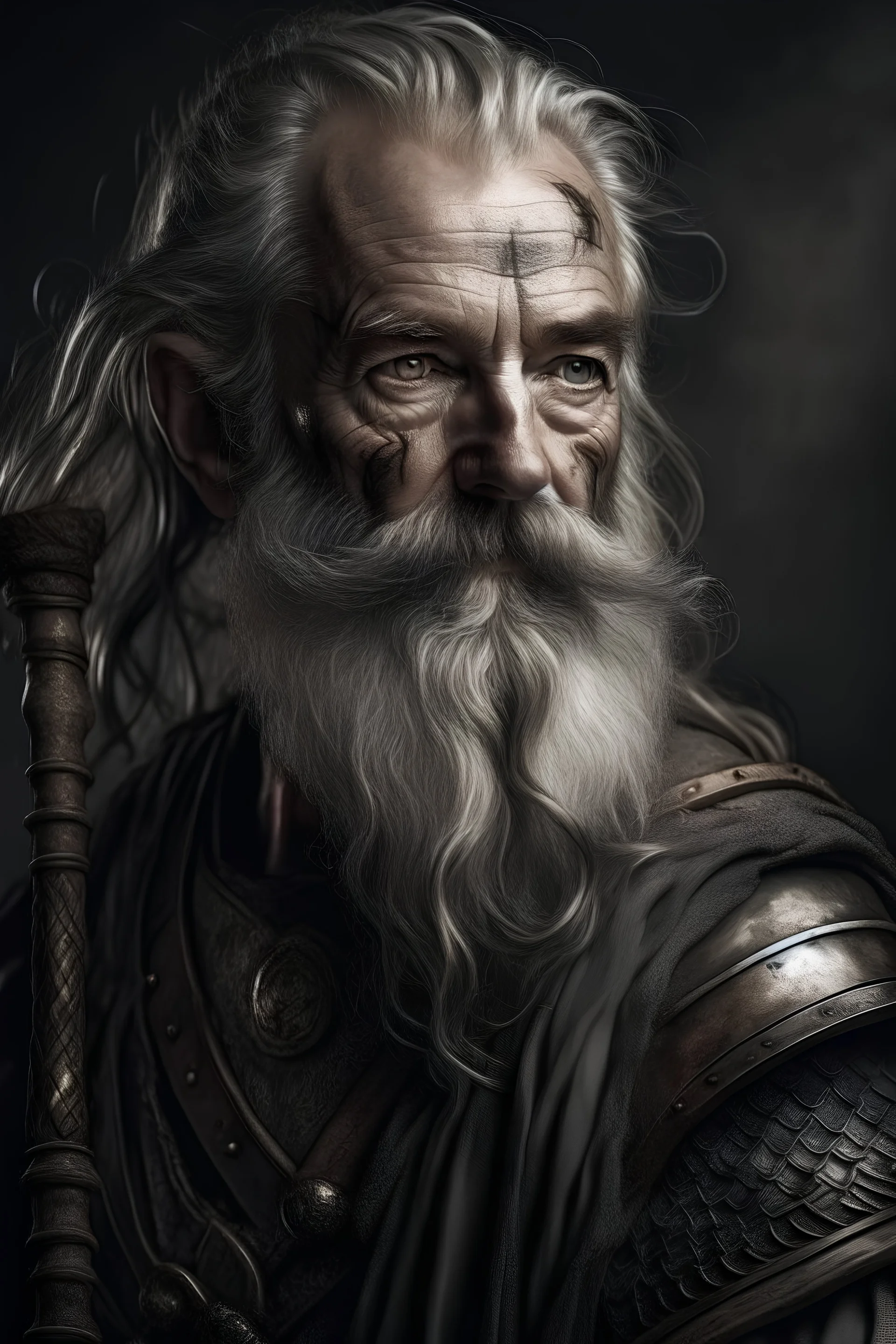 ortrait of a fantasy man, old, grey beard, warrior
