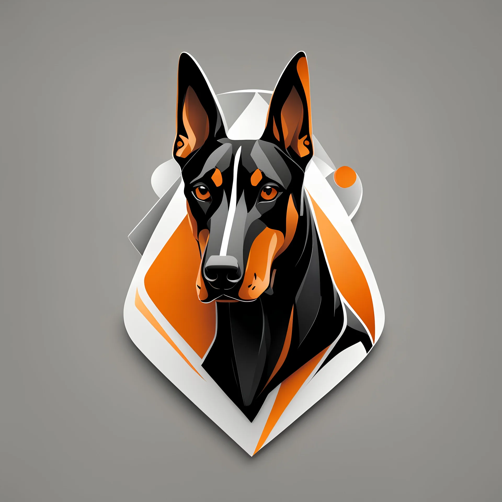 Front logo. 3D. Black, orange and white palette Doberman dog in artistic style, minimalist