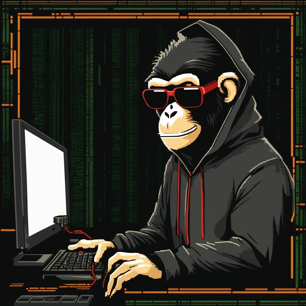 A Monkey sitting in front of a computer, wearing a hoodie and sunglasses. Matrix in background. Pixel Art. Profile Picture. Avatar. Pixel