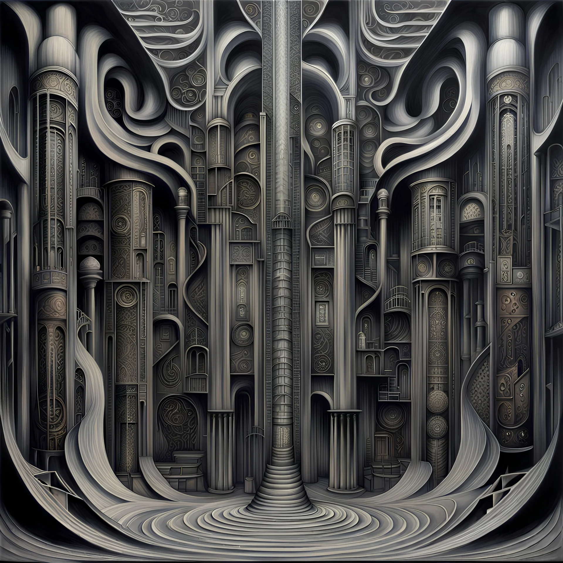 incorporating geometric elements into their surreal distinct realms. Investigate the synthesis of biomechanical human and transcendent spiritual landscapes, now intricately intertwined with geometric figures, within the stable diffusion process. Examine how the stable interplay of shapes and forms enhances the eerie beauty of Giger's creations and adds a structured dimension to Grey's cosmic visions. Analyze how stable diffusion illuminates the enduring connections between these two visi