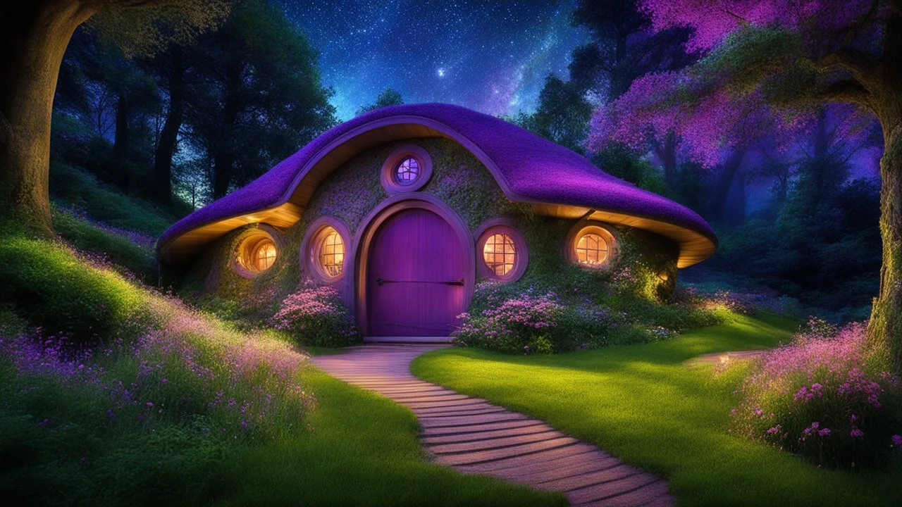 hobbit cottage in the woods surrounded by trees, night, fireflies, whimsical feel, pinks, blues, purple and green colors, circular hobbit-style door, circular hobbit-style windows, green grass roof, starlight, chiaroscuro, fireflies, quaint, homely