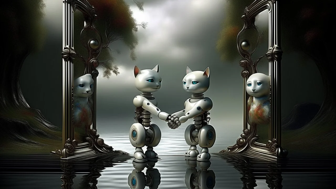 Surrealism.. Create an image featuring two humanoid robots holding hands. One robot should have a shiny light gray finish, while the other should have an opaque dark gray appearance. Both robots have their heads slightly tilted downwards, giving a mechanical and somewhat contemplative look. The setting is minimalistic, focusing on the contrast between the robots' finishes and their human-like connection. Contemporary art.