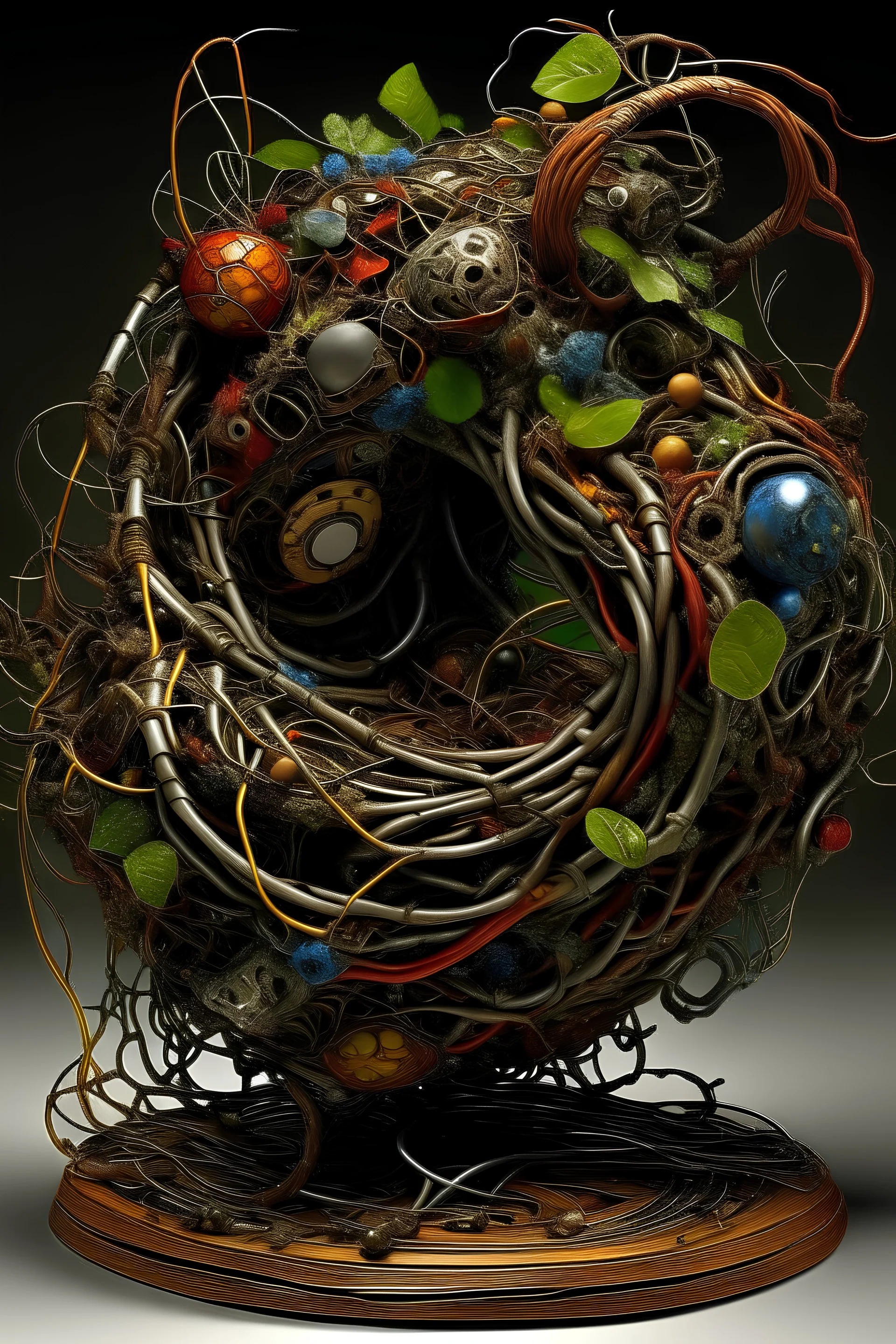 This sculpture, crafted from recycled materials and found objects, symbolizes the environmental toll of materialistic excess. The base, constructed from discarded metal and plastic, forms the foundation of our consumer-driven society. Twisted wire vines represent the entanglement of the natural world in waste, while electronic components and textiles intertwine with rusted metal. At the center, a distorted human figure made from discarded items serves as a reflection of faceless consumption. Mir