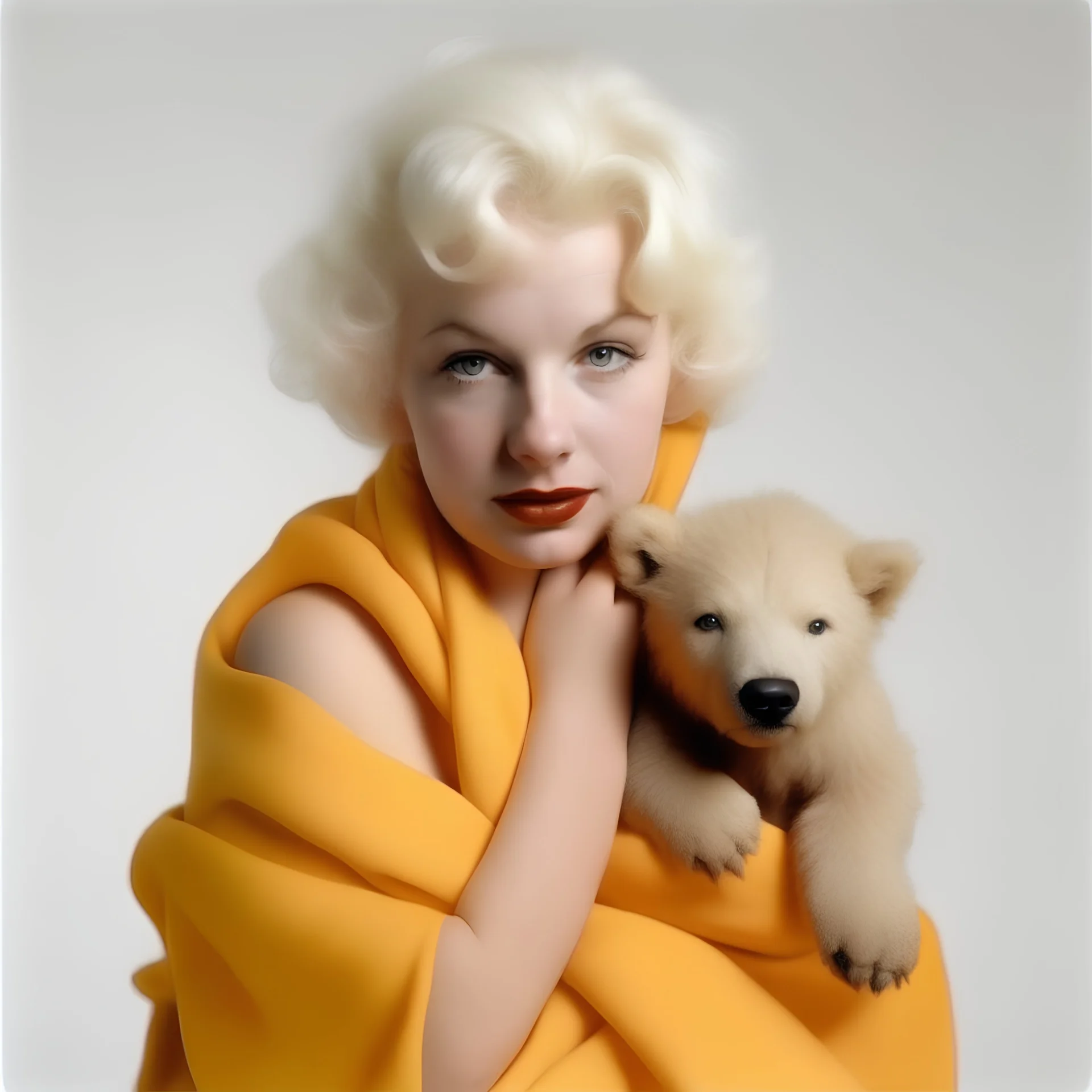A photograph of sad childish marilyn monroe, head backwards , with bear, , with spiky hair, no make up, in the style of milton greene, a pale orange silk scarf around her shoulders, white bacground