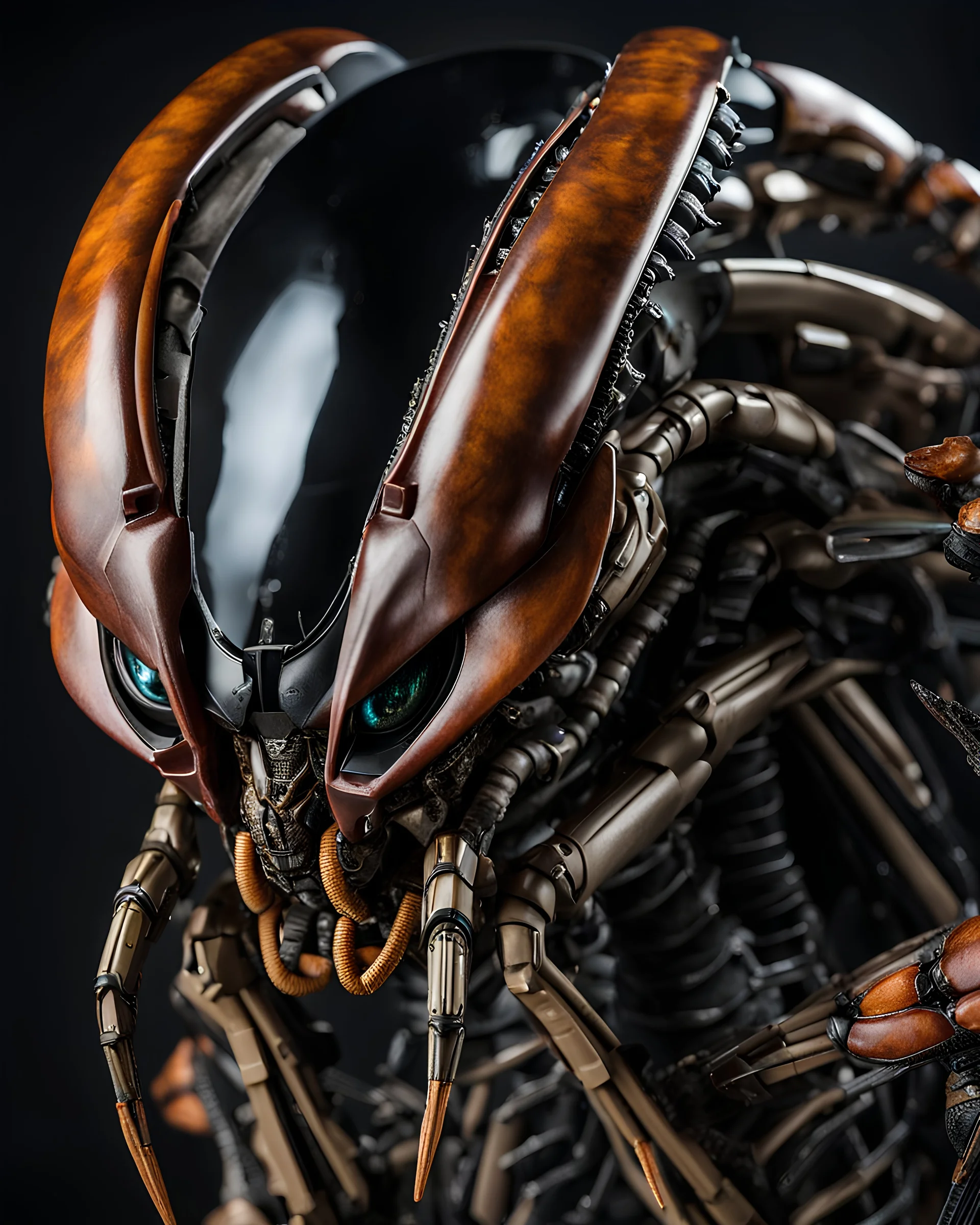 Photorealistic portrait, Predator from Predator Movie, extreme close-up, detailed face-crab-like mech with a combination of alien and mechanical traits, sleek onyx exoskeleton, bioluminescent veins, articulated metallic appendages, realistic lighting to emphasize the fusion of organic and synthetic.