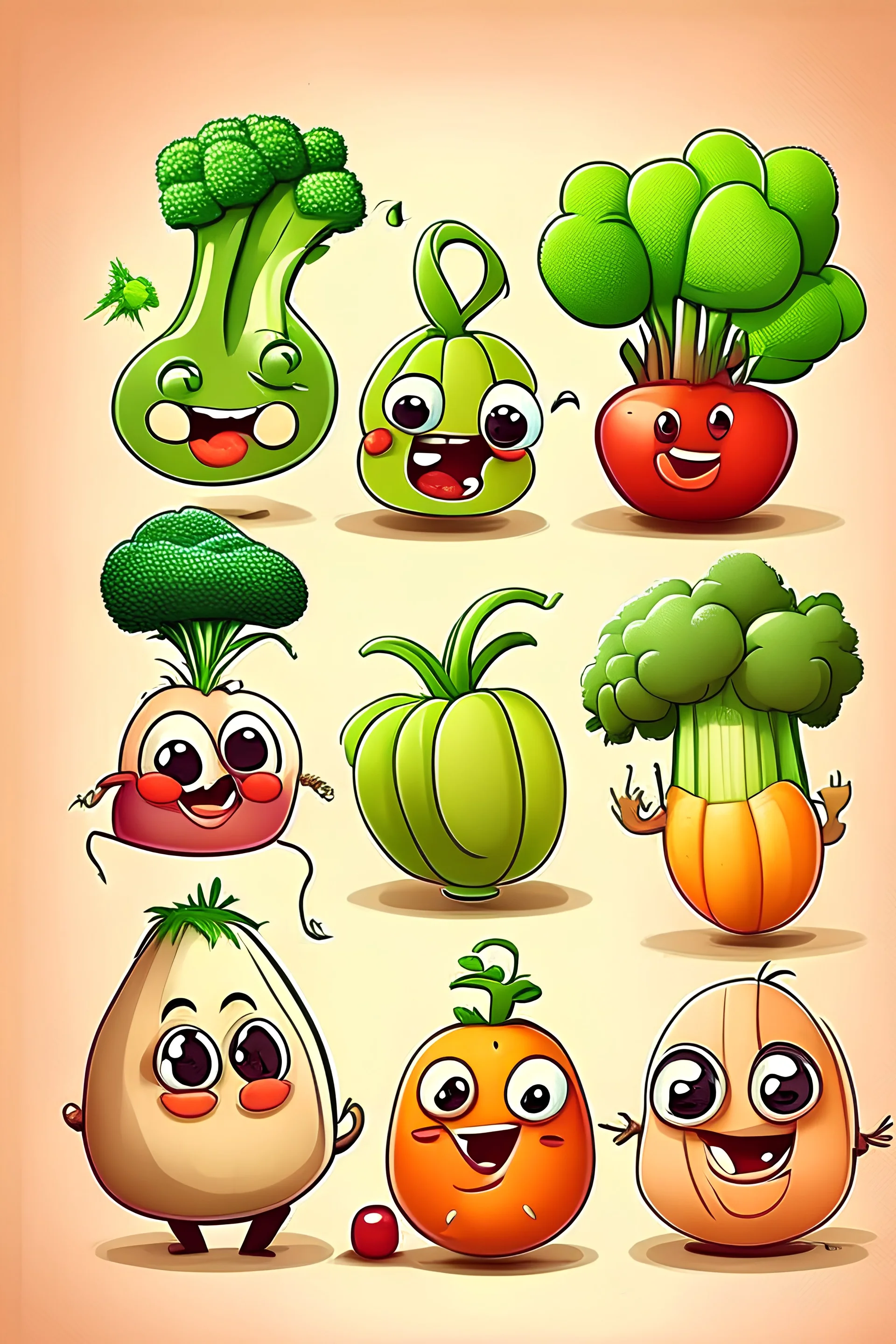 6 different vegetables in cartoon cute way mimalist