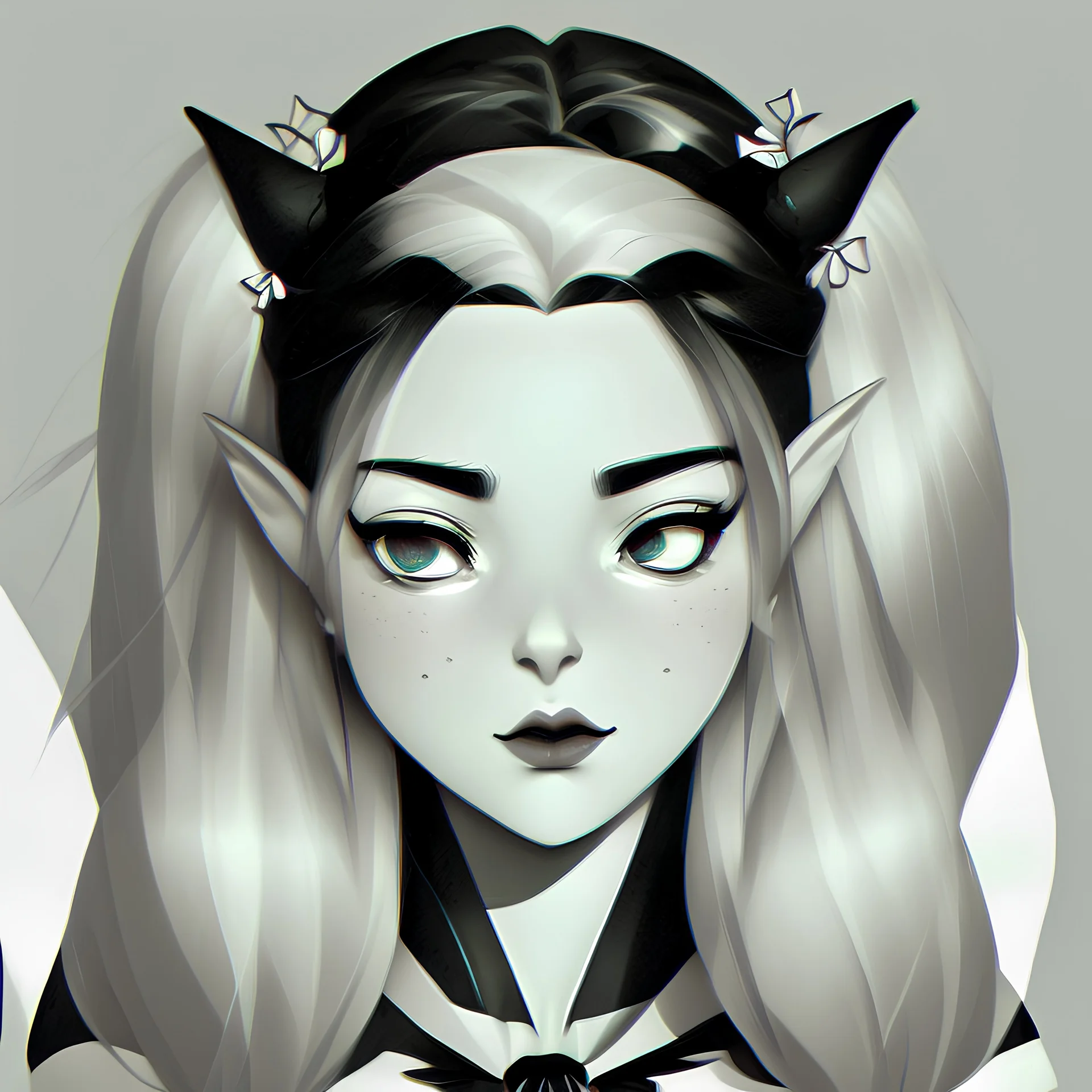 Illustration of a mesmerizing girl obscured by hair and with elf-like ears, depicted in the aesthetics of film noir, anime, and astonishing beauty, portrayed with dark, monochromatic minimalist art, infused with pop art sensibilities and animated gifs, reminiscent of Sailor Moon style, presented in an ultra-high-definition graphics format