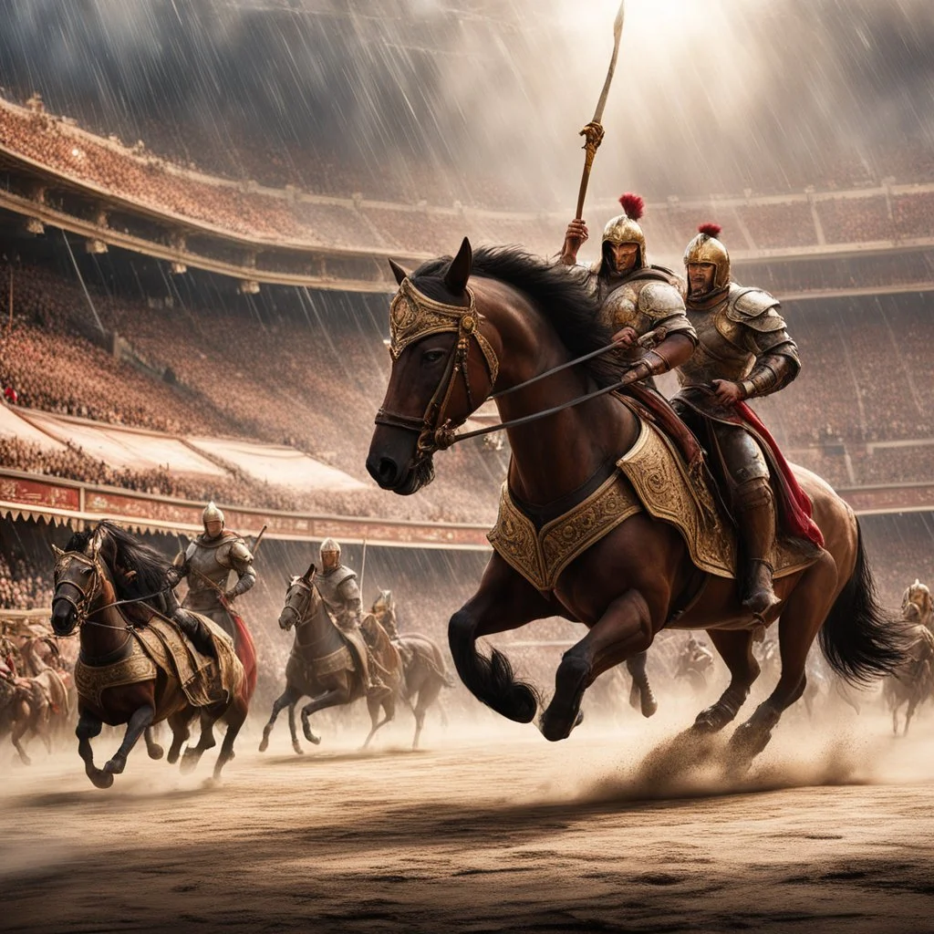 But wait. A new idea forms. In ancient Rome, a grand carousel of gladiators and gladiatrix spins under the sun in the arena. As rain falls, men and women ride beasts and fantastic animals in a hypnotic rhythm, creating a mesmerizing scene of ancient valor and beauty. The clash of swords, the thunder of hooves, the swirling colors paint a living tapestry of Roman legend that captivates all who witness it.