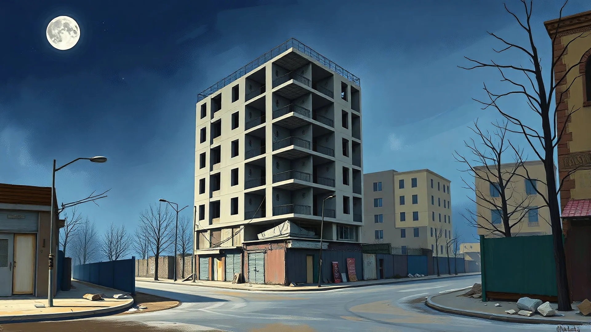Night. Half-finished building. Abandoned streets at 12 pm. Judge and plaintiff. Cezanne Oil Painting. Digital Painting. Vector. Pastel Color. Tehran.