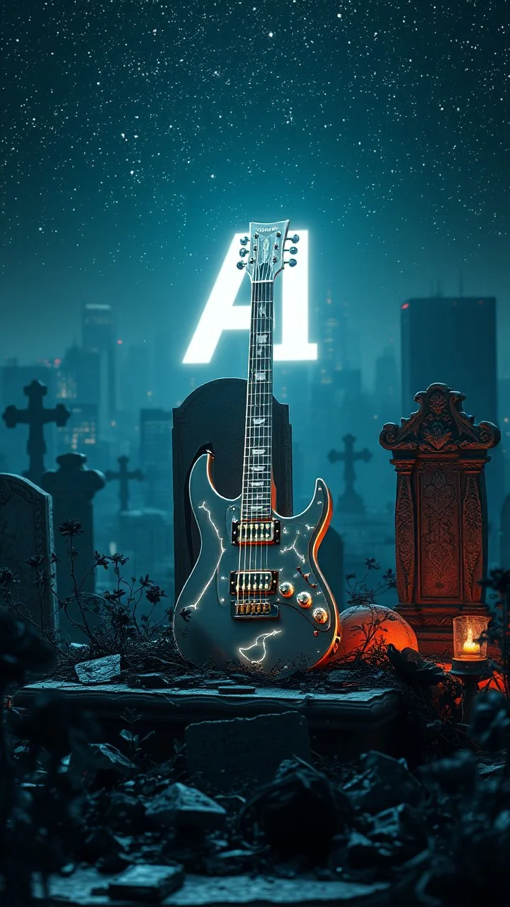 "ancient glowing metallic white electrical guitar on a ruined graveyard altar, surrounded by black flowers runes and chitin shards, starry sky of a city background with a 3d Text of “ AI “ word dramatic spotlight, 16:9, high detail, no humans."