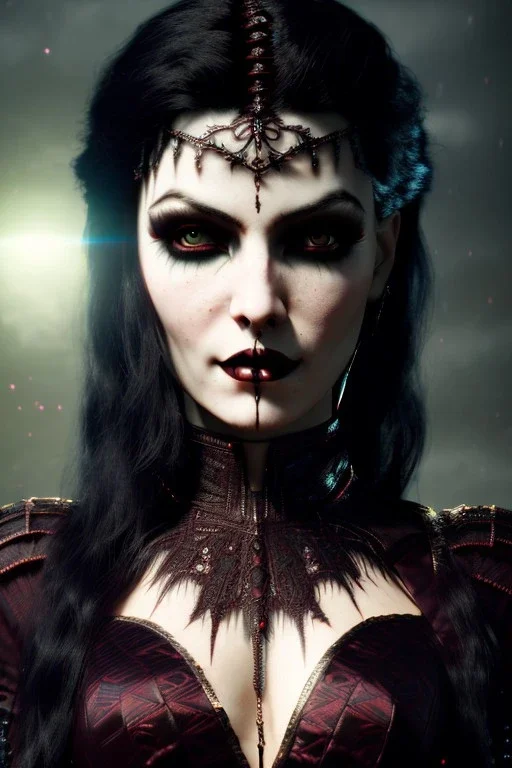 Smirking gothic vampire, waist up portrait, 8k resolution, intricate details, ornate details, soft lighting, vibrant colors, retroanime, masterpiece, intricate eyeliner, dark eyeshadow, eyes, intricate tattoos, futuristic cityscape background