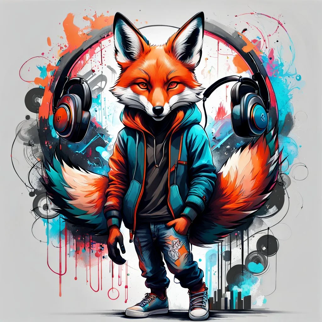 Illustrative sketch of a humanoid fox in music with headphones, full body, ultra quality, hyper detailed, graffiti, concept art, maximalism, 8k