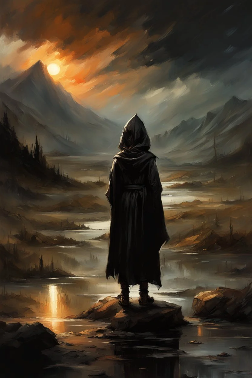 A formidable warrior-a 10-year-old boy in a black robe with a hood, on the background Amazing gloomy landscape, flooded with sunset, mountains, trees, fabulous scary hero, , juicy emotions, painting, dark fantasy, bad weather, gloomy day, dark world, by Raymond Swanland & Anna Razumovskaya