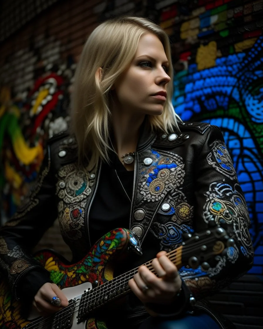"Midnight Serenade unique" low view angle shot down village road , large close up a beautiful blonde young woman with a tattoos wearing a cool black leather jacket like rocker style and holding a guitar, granite terrazzo motifs with puzzle modern clothing is decorated with colorful filigree abstract, Collage chutes papiers magazines,Spirograph background by Nisa Kiley, Textile Artist