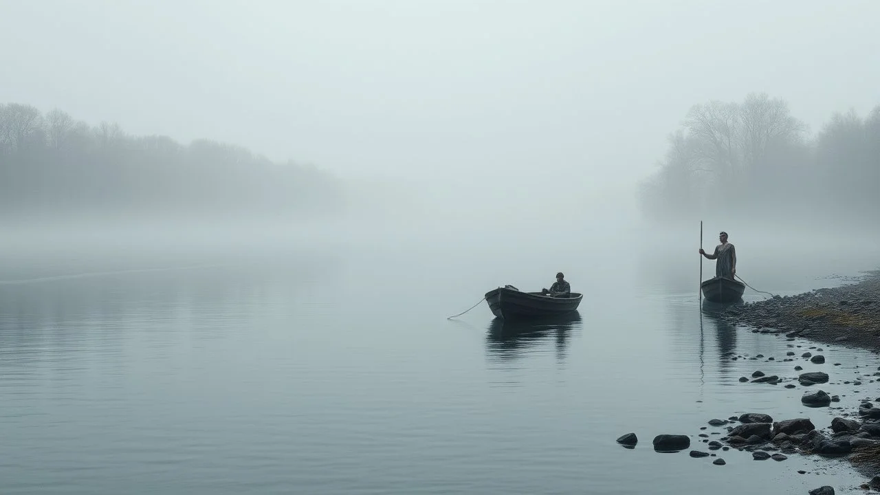 Río en una mañana fresca tras la lluvia, el dios Hermes guiando almas junto a la orilla, barquero Caronte esperando en su barca, niebla ligera y tonos fríos, estilo pictórico melancólico.