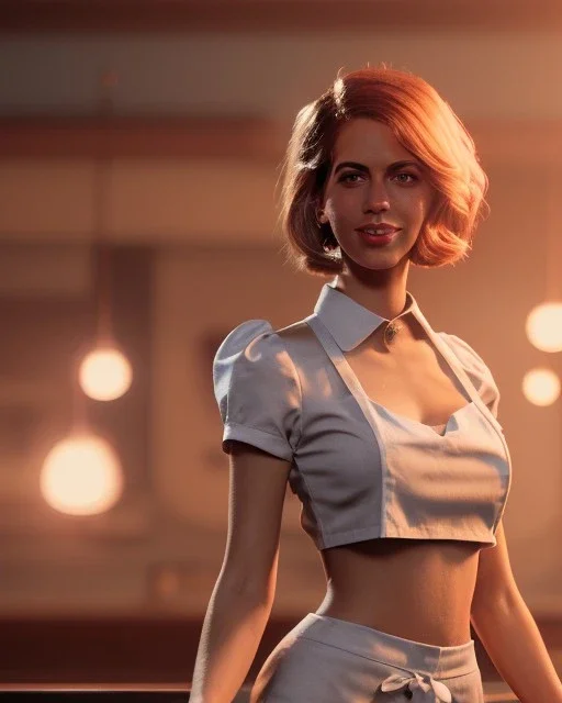 waitress woman with muppet head, real photo, concept art, retro style, smooth, unreal engine 5, god lights, ray tracing, RTX, lumen lighting, ultra detail, volumetric lighting, 3d.