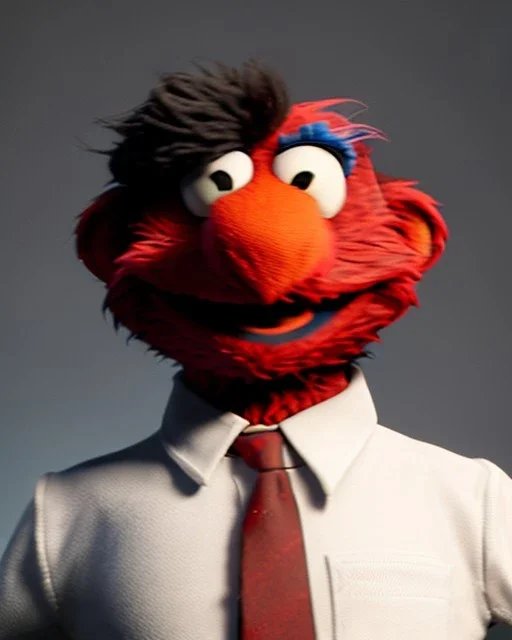 hybrid character, Elmo muppet head, realistic man body, human arms and hands, Shirt and tie, concept art, smooth, unreal engine 5, god lights, ray tracing, RTX, lumen lighting, ultra detail, volumetric lighting, 3d, finely drawn, high definition, 4k.