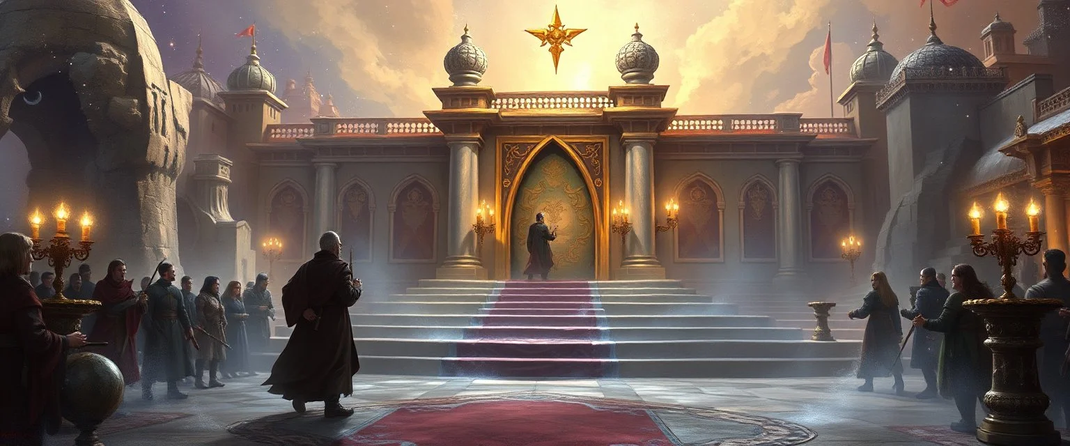 fantasy art, ,Messenger from High Mage Alustriel: A formal invitation arrives for the party to attend a minor reception at the Palace of Silver Stars. This is a chance to gain favor or find work.