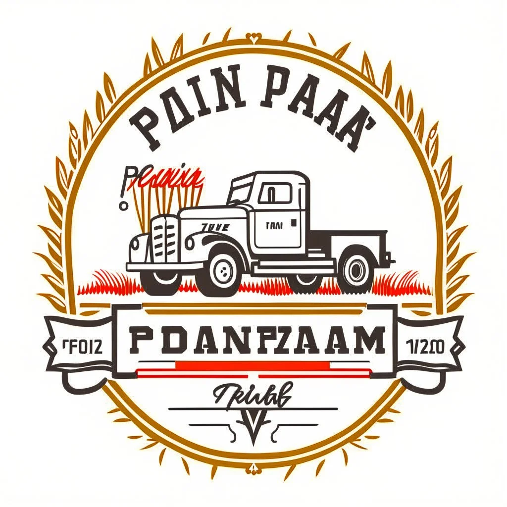 Side Door of a white truck with a logo for a wheat farm that features a tractor and wheat with text: "Pozniak Farms"