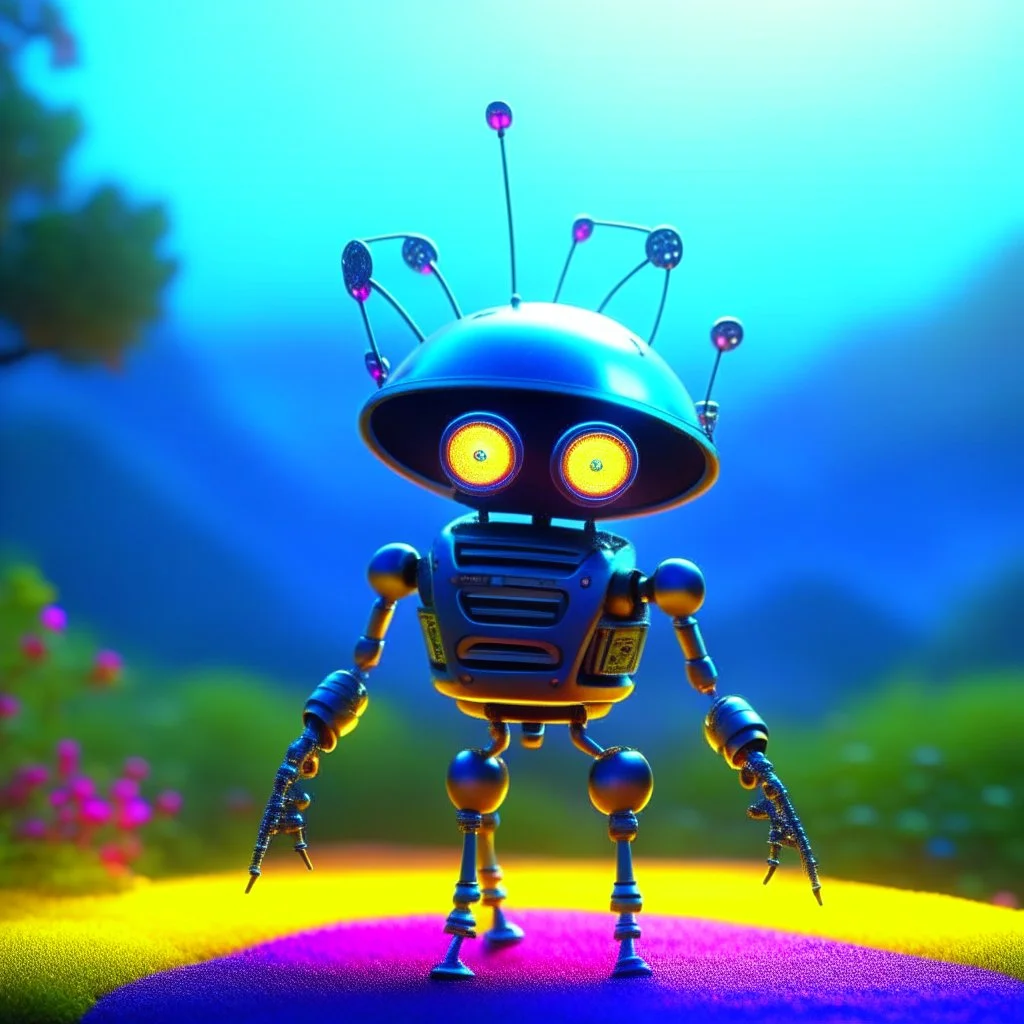 cute clairvoyant robot with a spider umbrella on a mission through the seasons, hills and trees, motion blur, 8k, downlight, soft light, depth of field, photorealism, trending on art station, lotsa detail