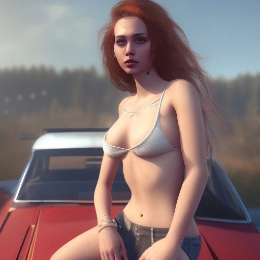 happy cute chick sitting on roof of a car portrait, wreckfest, spectacular graphics, unreal, long hair