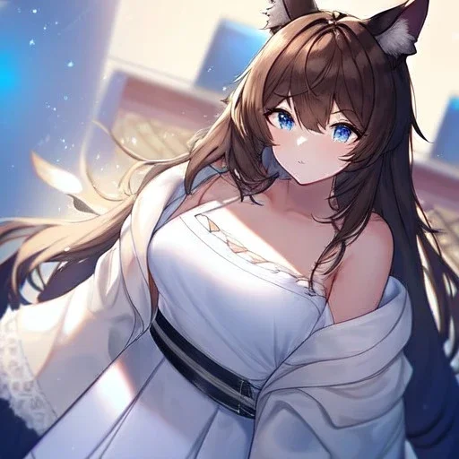 Clear focus, High resolution, Long fluffy brown hair, blue eyes, wearing a white skirt, detailed outfit, wearing a jacket oversized off shoulder, rough line, hair above ears, dog ears, off shoulder white shirt, chopped bangs