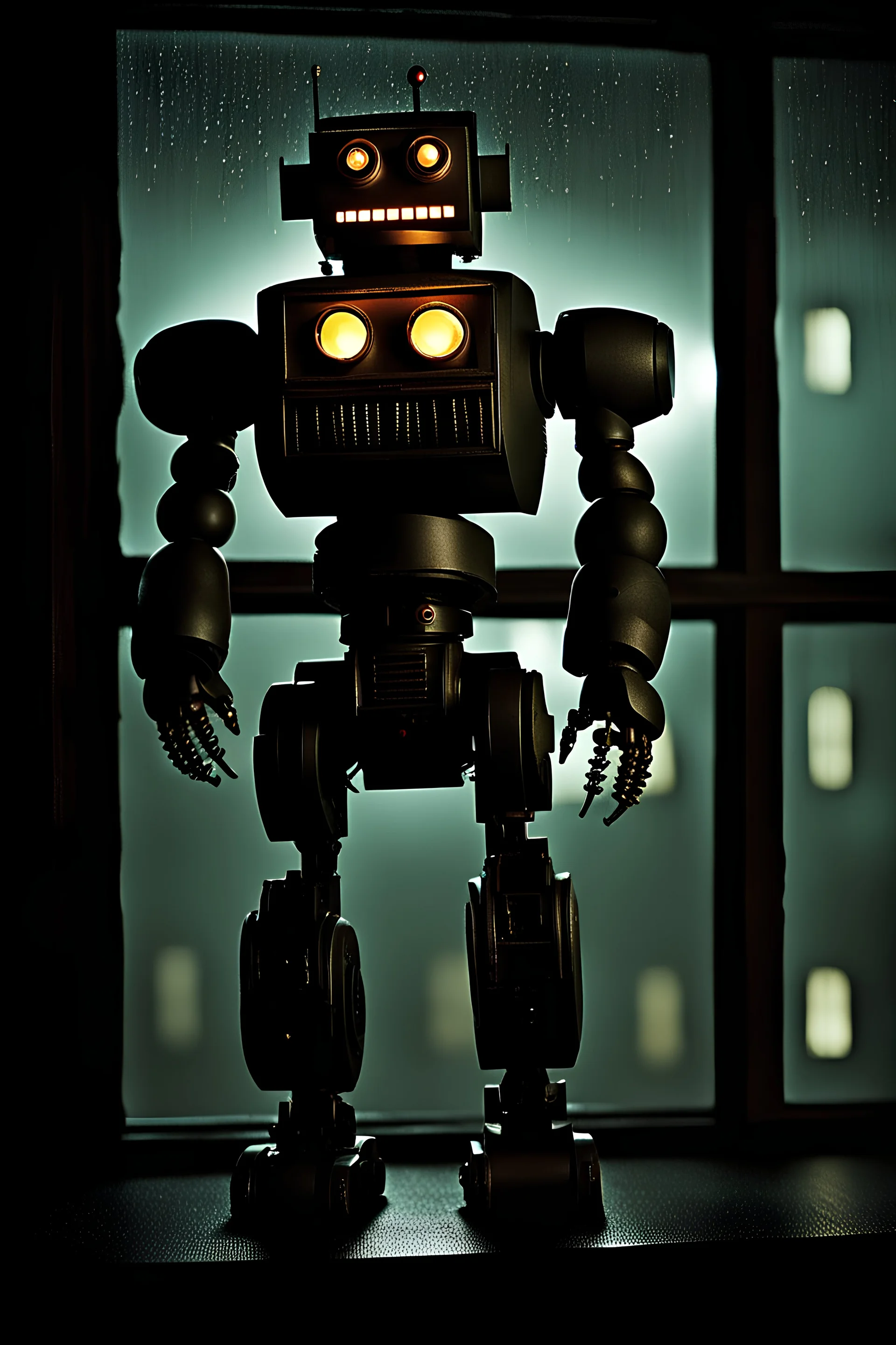 A dynamic and detailed shot of a Robbie the Robot from forbidden planet peeking through a window on a rainy night, dark shadows and gauzy curtain blown by wind, shot with a film camera and wide angle lens, shot from a low position to add fear