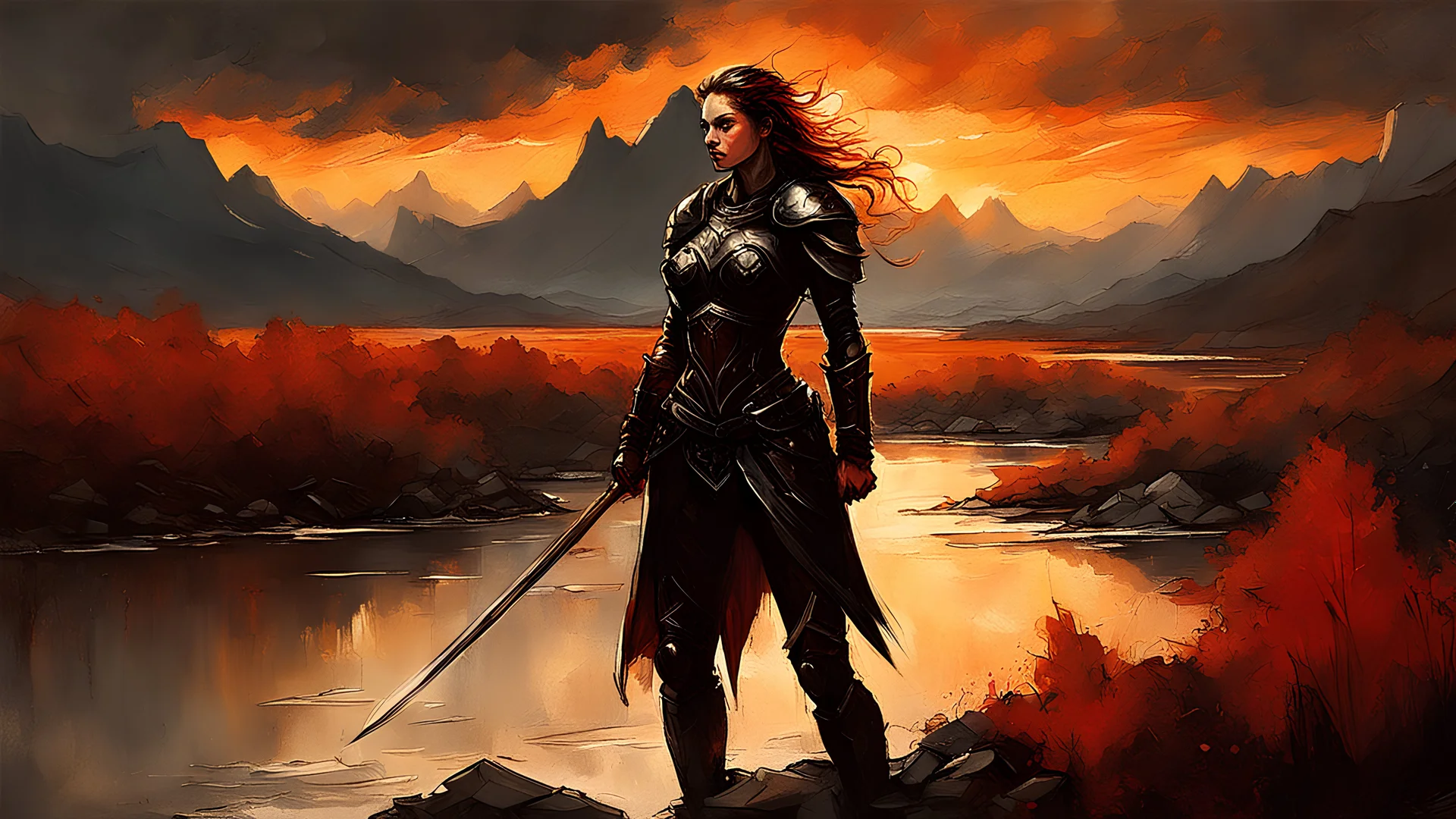 A formidable warrior girl in black armor, on the background Amazing gloomy landscape, flooded with sunset, mountains, trees, fabulous scary hero, , juicy emotions, painting, dark fantasy, gloomy day, dark world, portrait, by Alyssa Monks & Raymond Swanland & James Paick & Anna Razumovskaya