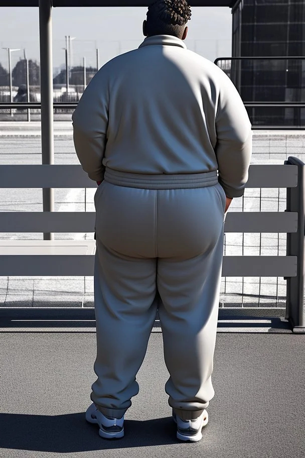 full figure shot back view of a fat guy , timid 45-year-old italian chubby in tracksuit, big buns, at bus stop photorealistic, ambient occlusion, sunlight