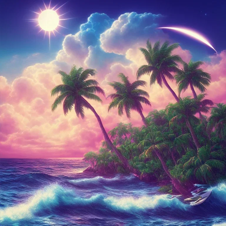 1980's vaporwave aesthetic palm trees with lightning with solar eclipse in the ocean waves sunset