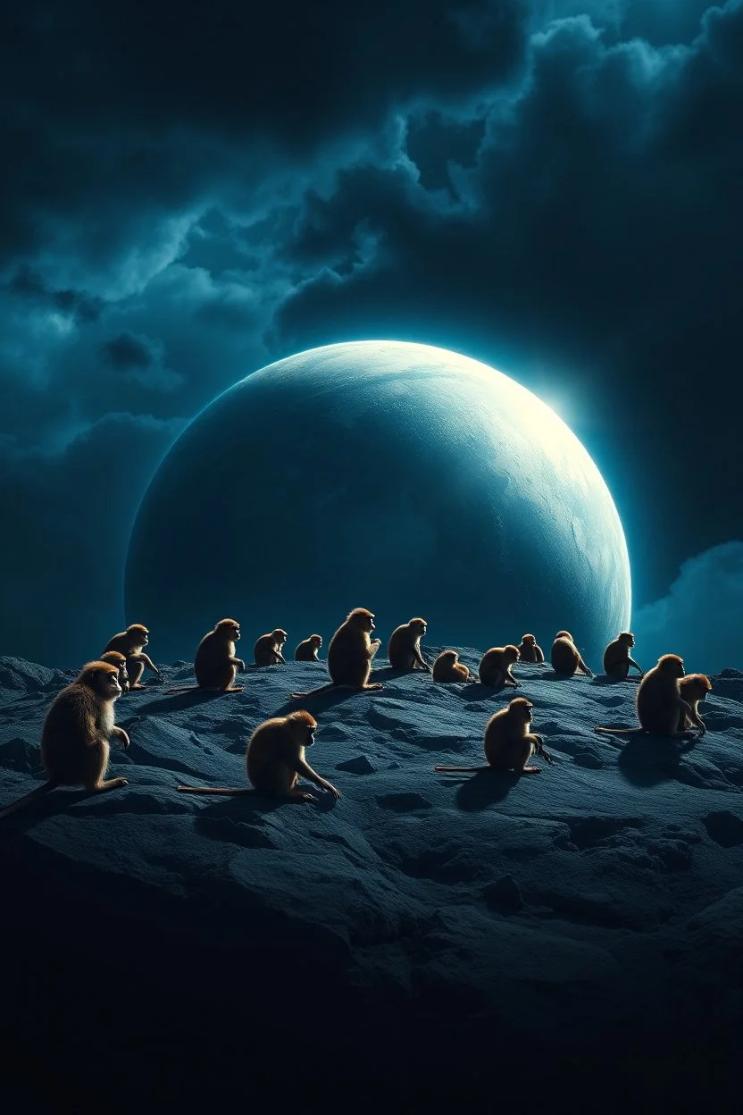 A surface of a planet that is full of monkeys all are dark blue and sky and clouds are dark blue