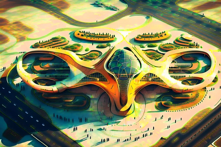 Aerial view of an ant-shaped airport, spectacular, shocking, ultra quality, maximalist, 8k 3D