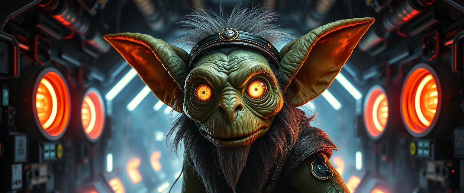 gremlin wise man portrait, with background— Fuel-to-Light Reactors “Futuristic micro-reactor using Zephyrium and Luminite, releasing controlled light and energy pulses, sci-fi engine room, glowing plasma tubes, high-tech industrial aesthetic, cinematic perspective, ultra-detailed and dramatic lighting.” painted by Rembrandt and Escher